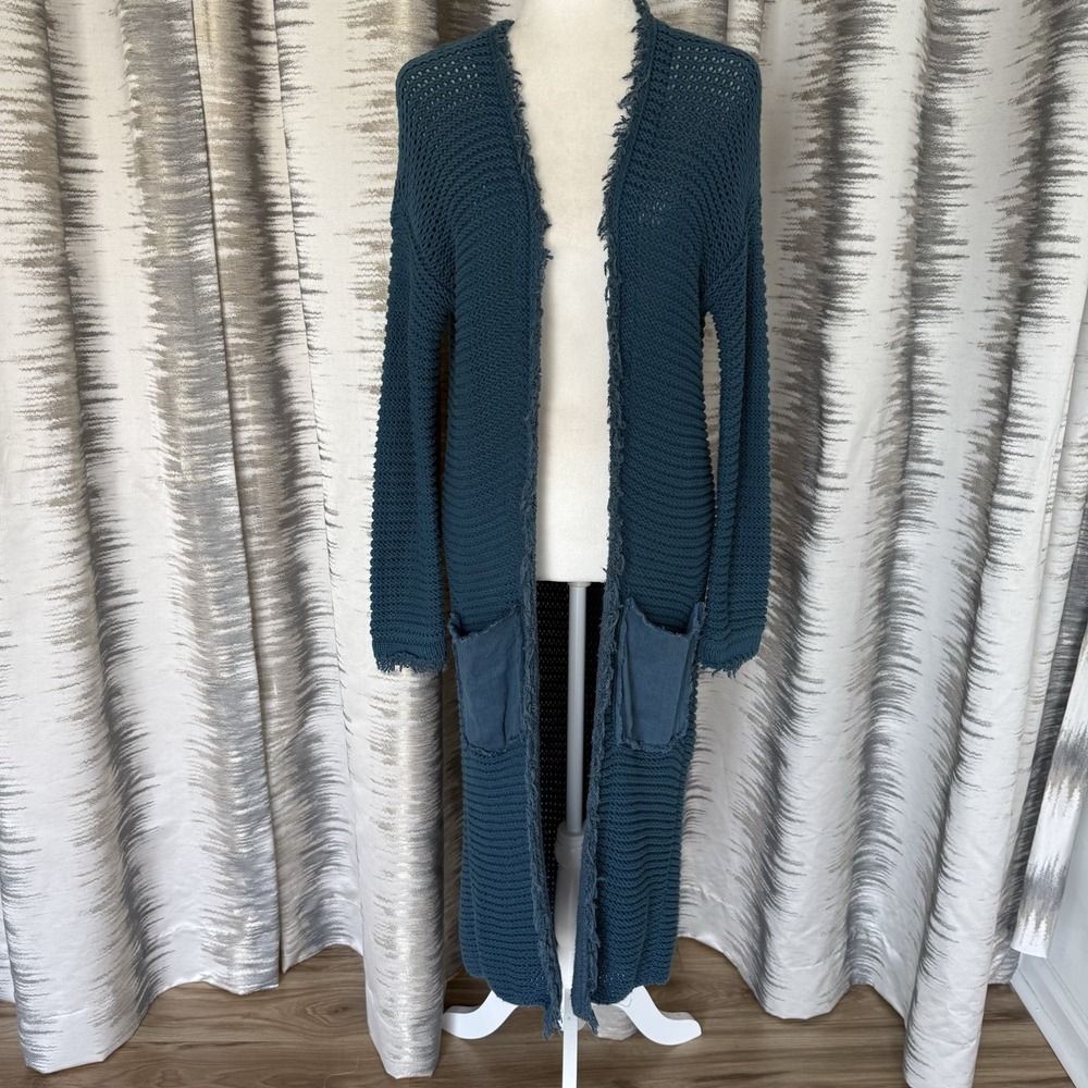 Nigel Preston Free People Knit Open Front Cardigan Blue XS Pockets Fringe Boho